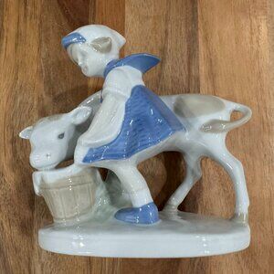 Vintage Carl Schneiders Erben Germany Porcelain Figurine Girl Feeding Calf Milk